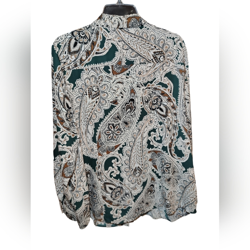 Chico’s Paisley Ruffle Blouse XL 16 Size 3 Green Brown Long Sleeve Career Top - Picture 4 of 10